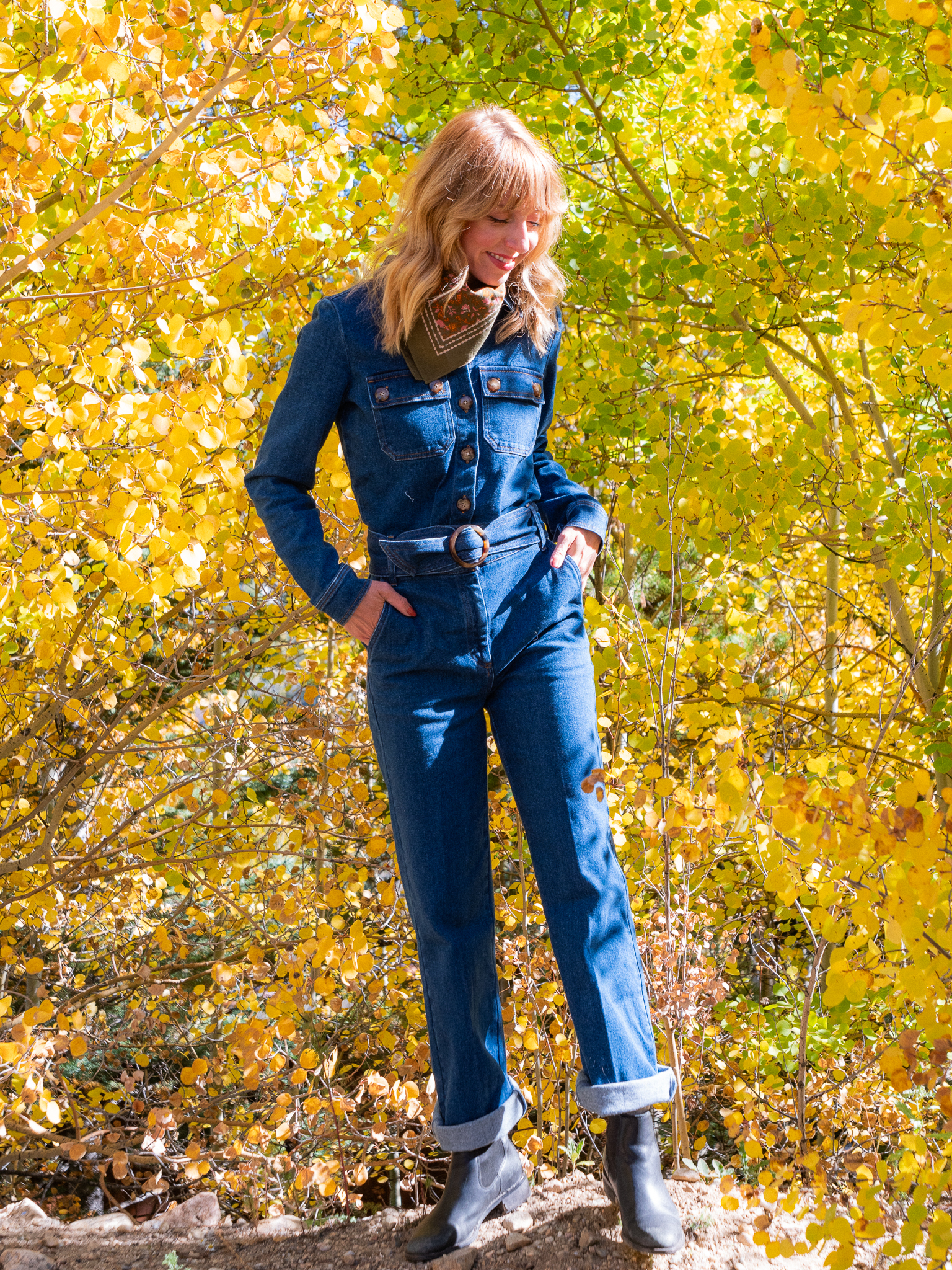 The writer wearing the Sézane Brooklyn jumpsuit and Gaston Scarf.